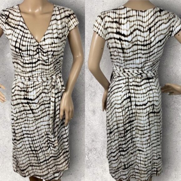 Ann Taylor Animal Print Wrap Dress Midi Belt Tie‎ Waist XS Brown White V-Neck - Picture 1 of 15